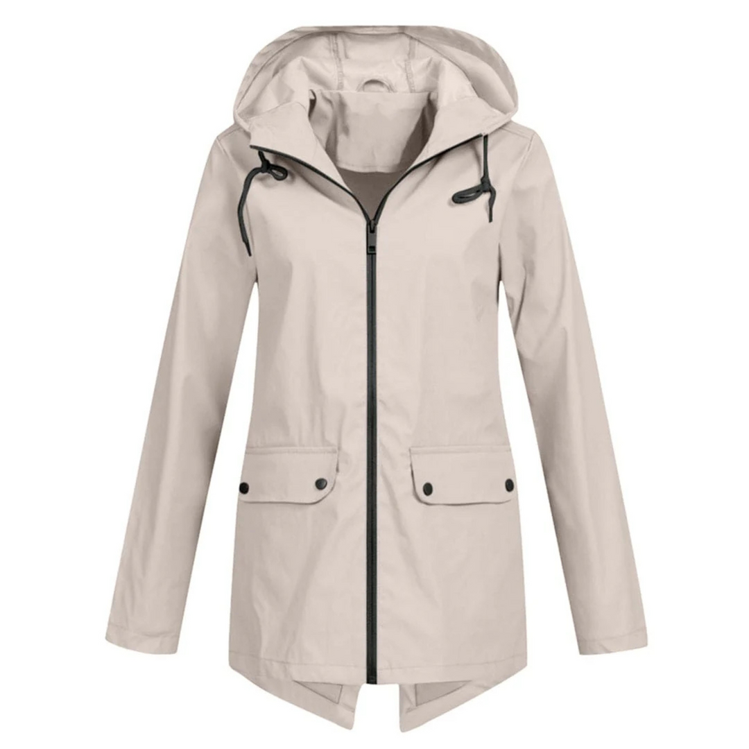 Veste de pluie Zénaïde pour femme, imperméable et coupe-vent adaptée aux journées automnales pluvieuses.