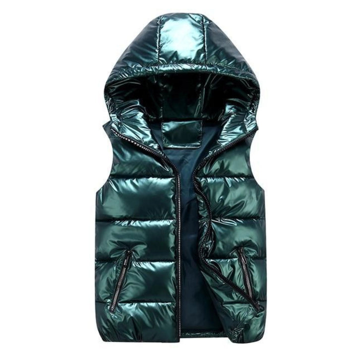 Veste sans manches pour homme, idéale pour l'hiver, en tissu brillant et léger, avec capuche et poches zippées. Parfaite pour allier confort et style pendant les mois froids.