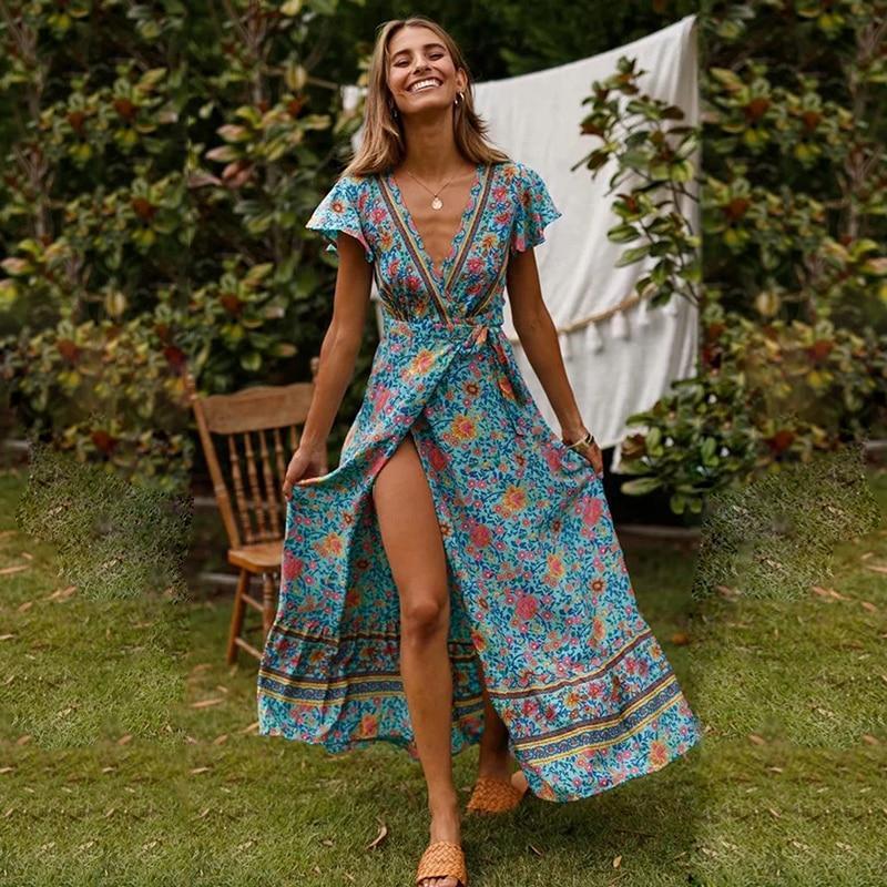 Robe Aude longue bohème portefeuille pour femme, coupe fluide adaptée aux journées estivales et sorties en plein air.