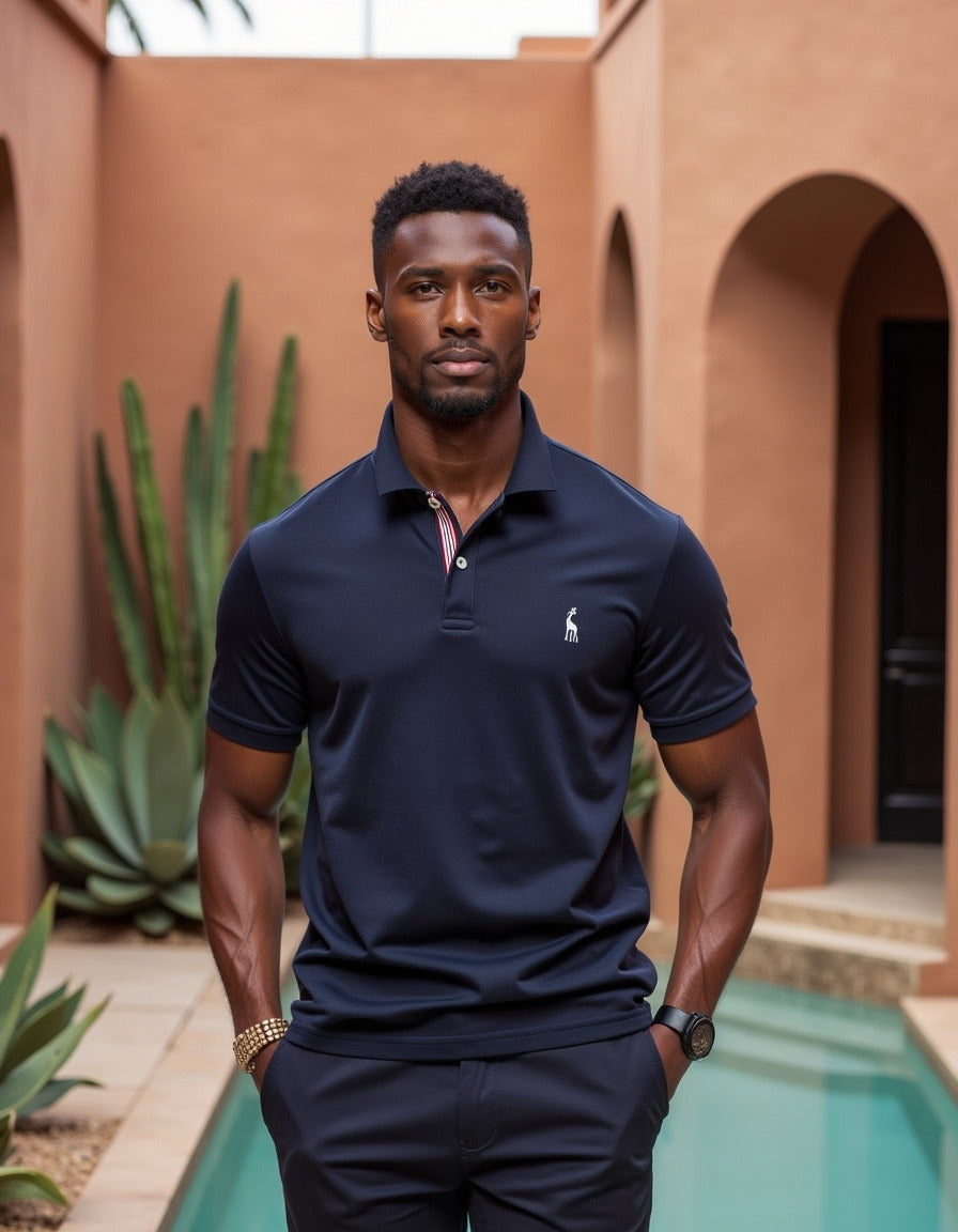 Homme portant un polo de coupe slim, couleur bleu marine, avec un col classique et un logo de girafe brodé sur la poitrine. Ce modèle élégant et moderne est parfaitement adapté pour un look sophistiqué et décontracté, idéal pour une tenue estivale.