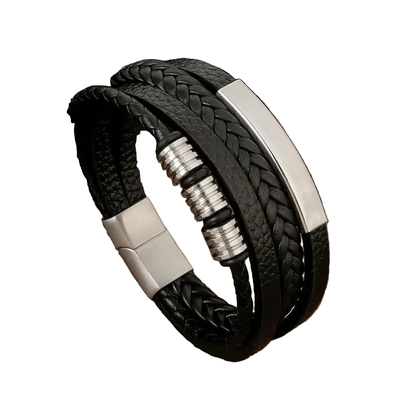 Bracelet homme Bruno moderne en cuir noir tressé multi-rangs, avec barrette métallique argentée, anneaux décoratifs et fermoir aimanté.