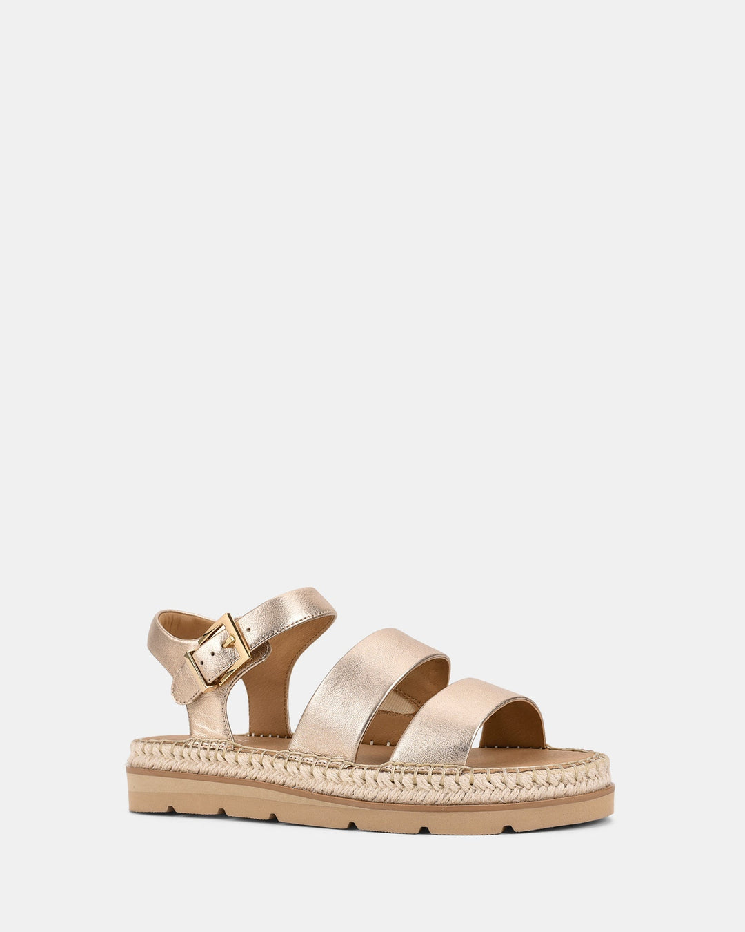 Sandales compensées dorées pour femmes, modèle Cady. Design moderne avec trois bandes ajustables et une bride à boucle pour un maintien optimal. Tendance et confort assuré.