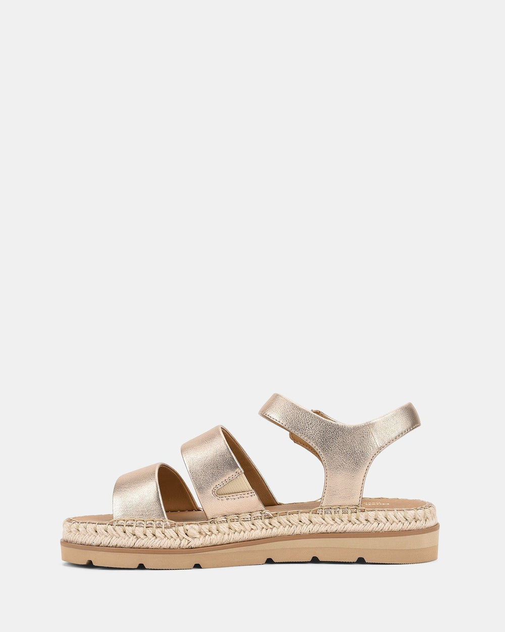 Sandales compensées dorées pour femmes, modèle Cady. Confortables et élégantes, avec trois bandes ajustables et une semelle en corde pour une touche tendance.