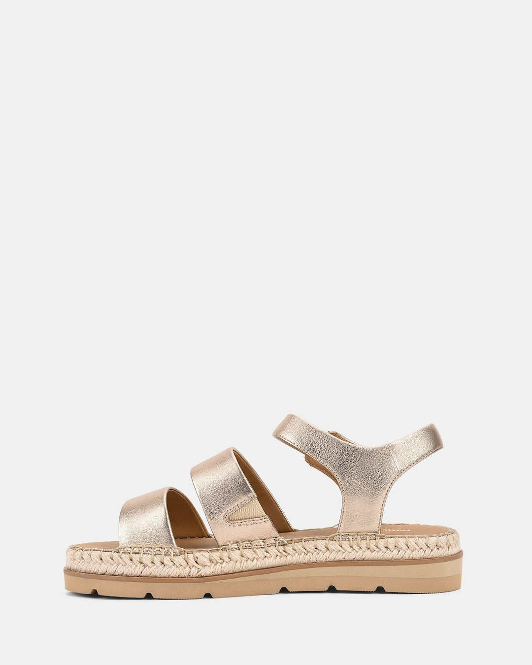 Sandales compensées dorées pour femmes, modèle Cady. Confortables et élégantes, avec trois bandes ajustables et une semelle en corde pour une touche tendance.