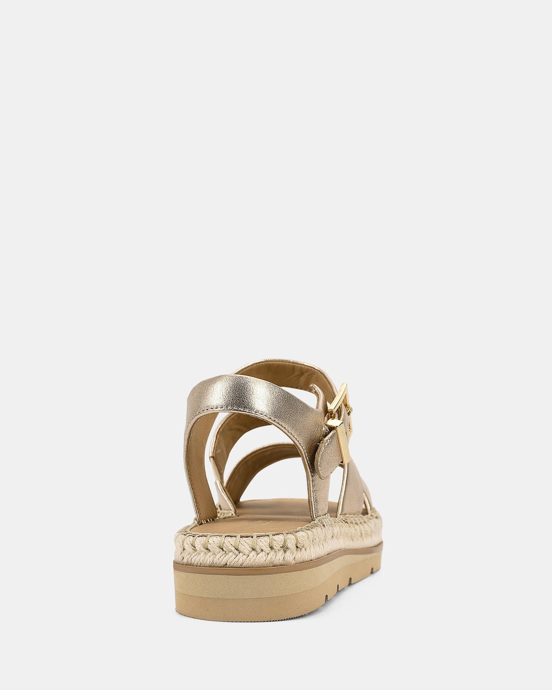 Vue arrière des sandales compensées dorées pour femmes, modèle Cady. Détail de la bride à boucle dorée et de la semelle tissée en corde, offrant un design élégant et tendance.