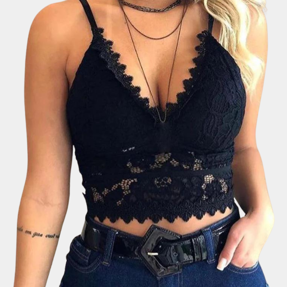 Top court en dentelle pour femme noir, à fines bretelles avec décolleté en V et motifs floraux élégants, coupe ajustée et style tendance et séduisant.