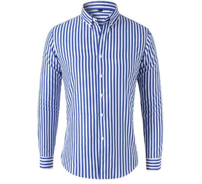 Chemise rayée moderne pour homme, modèle Daniel, à rayures verticales bleues et blanches, manches longues, coupe ajustée avec col boutonné, parfaite pour un style élégant et contemporain.