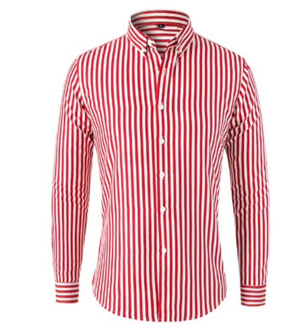 Chemise rayée moderne pour homme, modèle Daniel, à rayures verticales rouges et blanches, manches longues, coupe ajustée avec col boutonné, idéale pour un style élégant et contemporain.