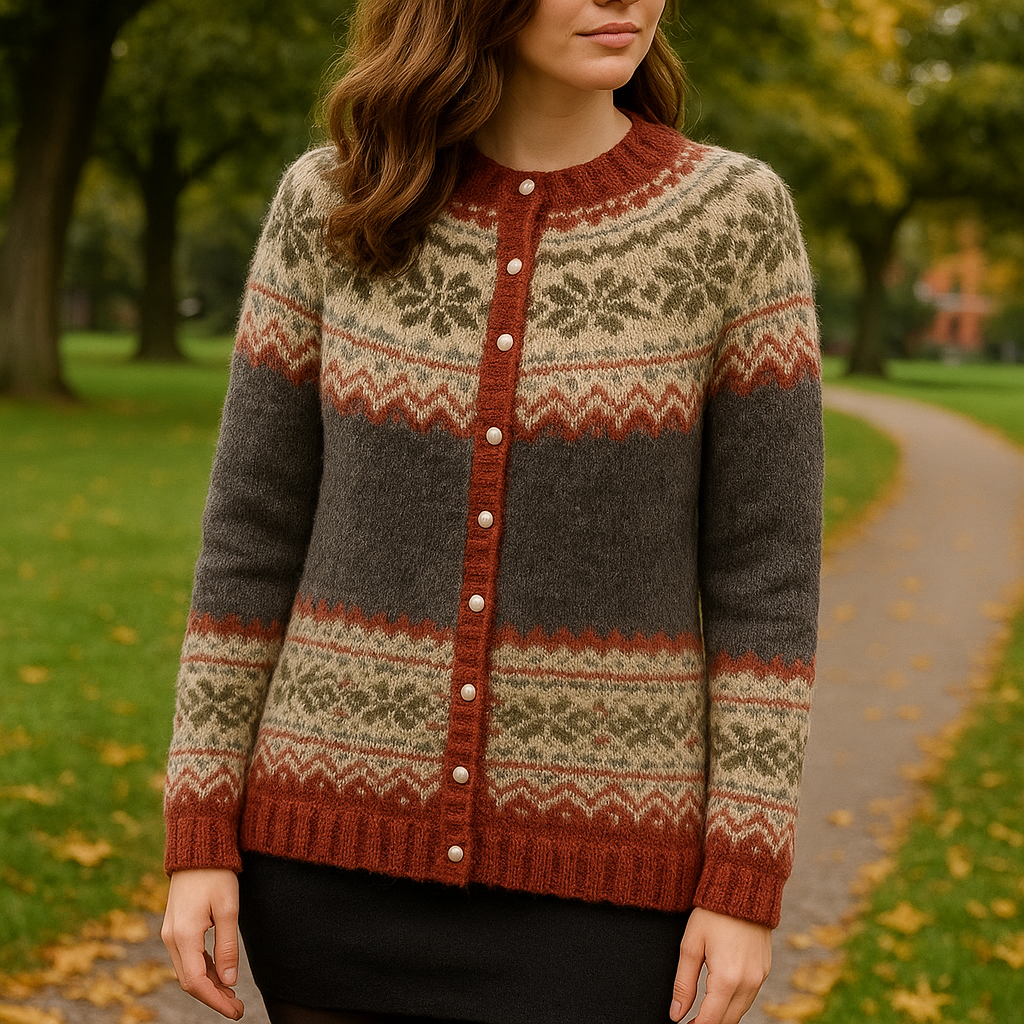 Femme portant un cardigan en maille douce à motif nordique dans des tons gris, beige et rouge brique, doté de boutons nacrés, photographiée en extérieur sur une allée bordée d’arbres en automne.