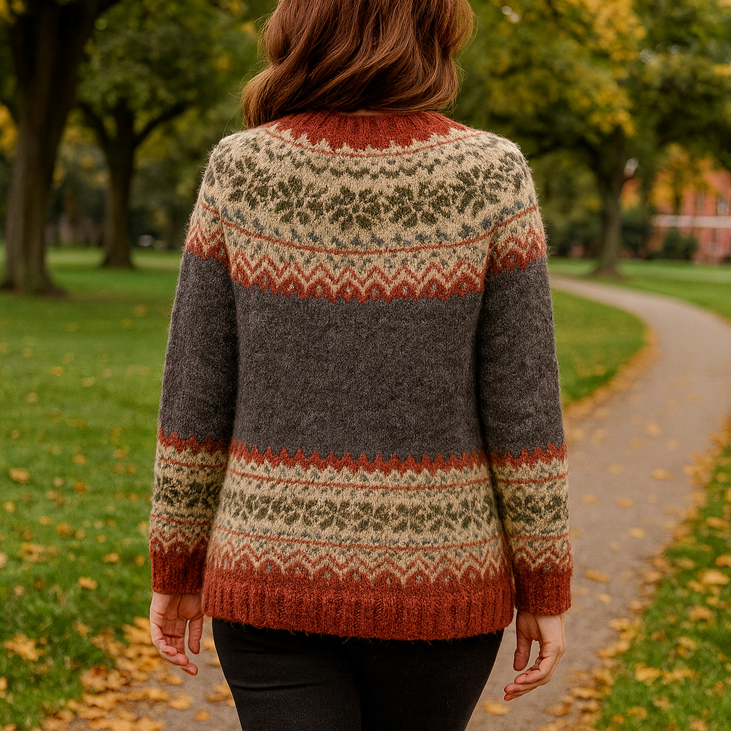 Vue de dos d’une femme portant un cardigan en maille à motif nordique, avec des bandes décoratives en beige, rouge brique et vert sur un fond gris foncé, photographiée en extérieur sur un chemin bordé d’arbres en automne.