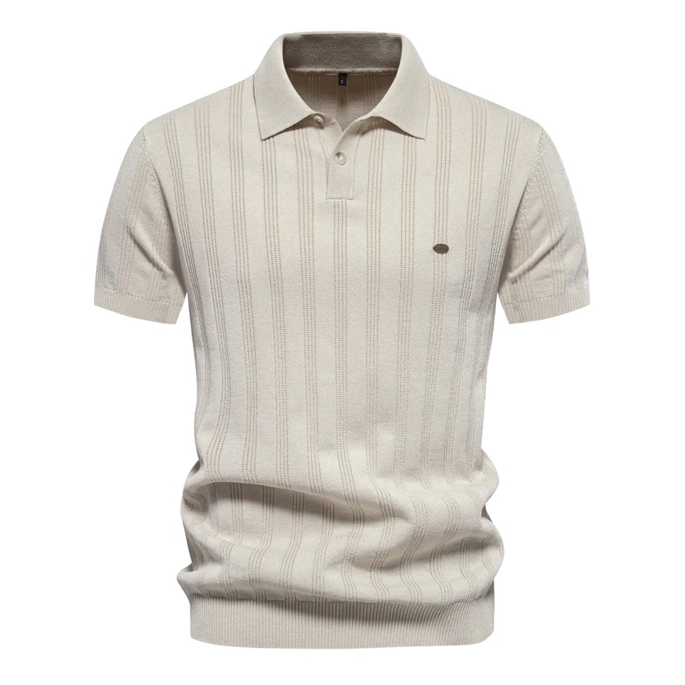 Polo en maille pour homme Florentin, style moderne avec fines rayures verticales, coupe élégante, col classique et manches courtes, en coloris beige clair pour un look chic et intemporel.