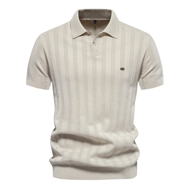 Polo en maille pour homme Florentin, style moderne avec fines rayures verticales, coupe élégante, col classique et manches courtes, en coloris beige clair pour un look chic et intemporel.