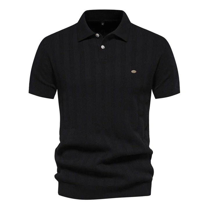 Polo en maille pour homme Florentin, style moderne avec fines rayures verticales, coupe élégante, col classique et manches courtes, en coloris noir pour un look chic et intemporel.