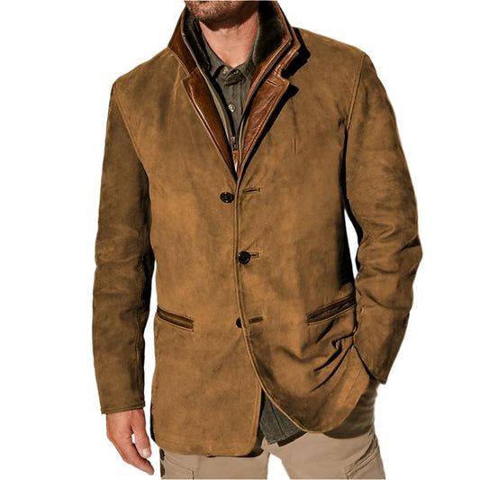 Veste pour hommes en cuir marron et daim avec un col haut, conçue pour l'hiver, offrant un look tendance et sophistiqué pour les saisons plus froides.