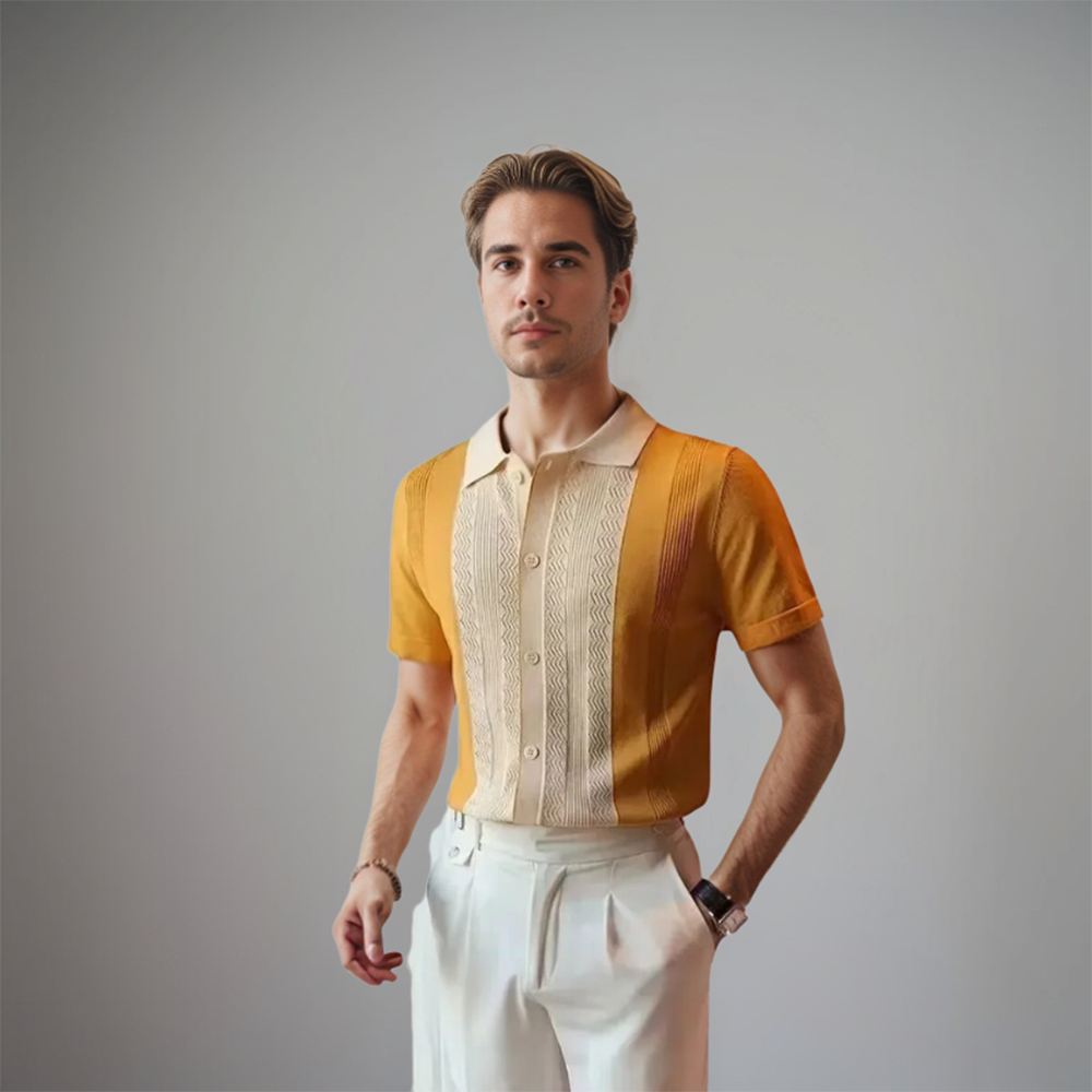 Chemise à manches courtes pour homme Harold, dans des tons jaune et beige, avec un motif tissé au centre. Son design moderne et épuré apporte une touche de sophistication, parfaite pour un look tendance et décontracté.