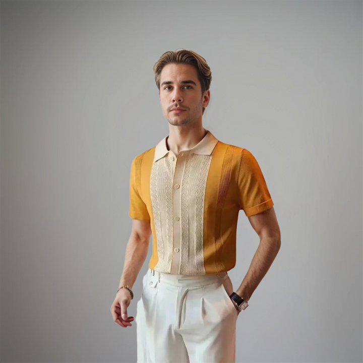 Chemise à manches courtes pour homme Harold, dans des tons jaune et beige, avec un motif tissé au centre. Son design moderne et épuré apporte une touche de sophistication, parfaite pour un look tendance et décontracté.