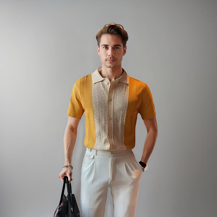 Chemise à manches courtes pour homme Harold, de couleur jaune et beige avec un motif tissé élégant. Son design moderne et stylé, associé à une coupe raffinée, est parfait pour un look décontracté mais sophistiqué.
