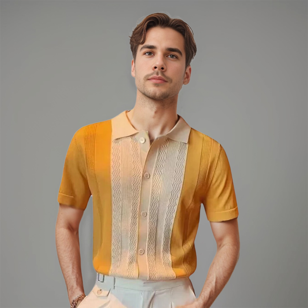 Chemise à manches courtes pour homme Harold, de couleur jaune et beige, avec un motif tissé élégant. Son design moderne et raffiné est parfait pour un look décontracté et stylé, idéal pour les journées d'été.