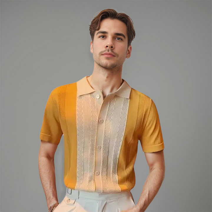 Chemise à manches courtes pour homme Harold, de couleur jaune et beige, avec un motif tissé élégant. Son design moderne et raffiné est parfait pour un look décontracté et stylé, idéal pour les journées d'été.