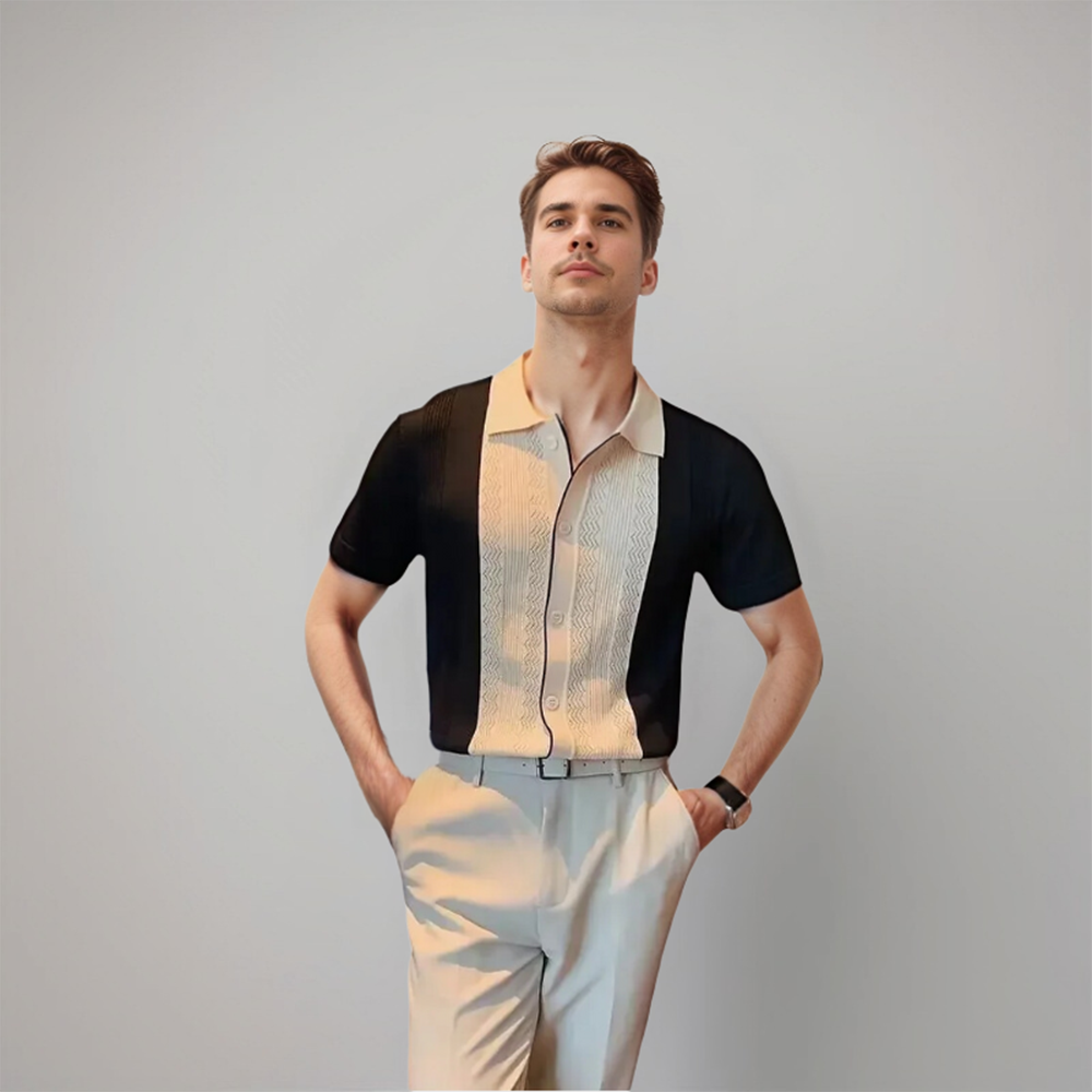 Chemise à manches courtes pour homme Harold, avec un design noir et beige, parfaite pour un look élégant et tendance. Le motif tissé au centre ajoute une touche de style unique, idéale pour une tenue moderne et décontractée.