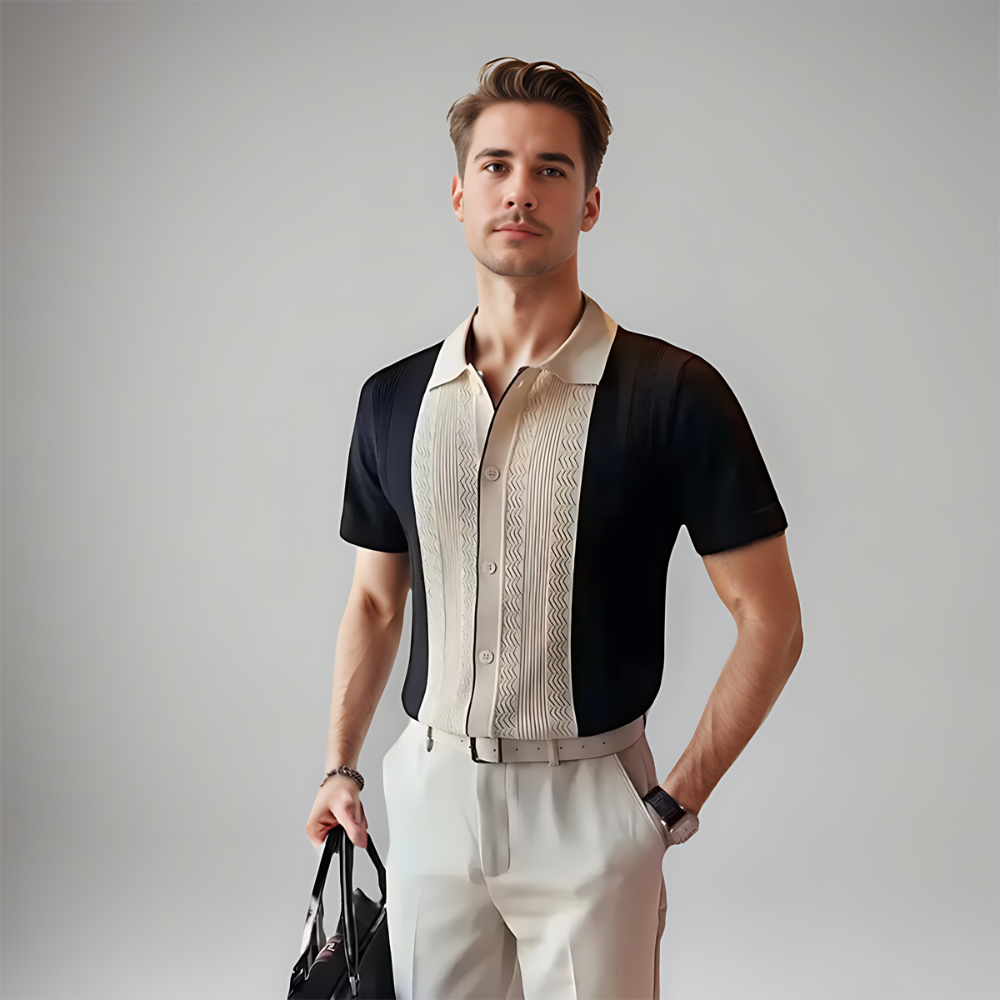 Chemise à manches courtes pour homme Harold, de couleur noire et beige avec un design moderne. Le motif tissé au centre et la coupe élégante offrent un look à la fois décontracté et raffiné, parfait pour un style tendance et contemporain.