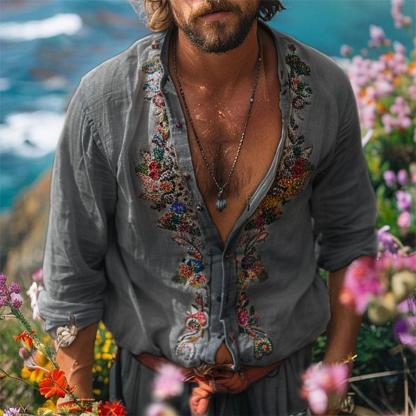 Hommes Chemise Vintage Décontractée | Brodée Manches Longues