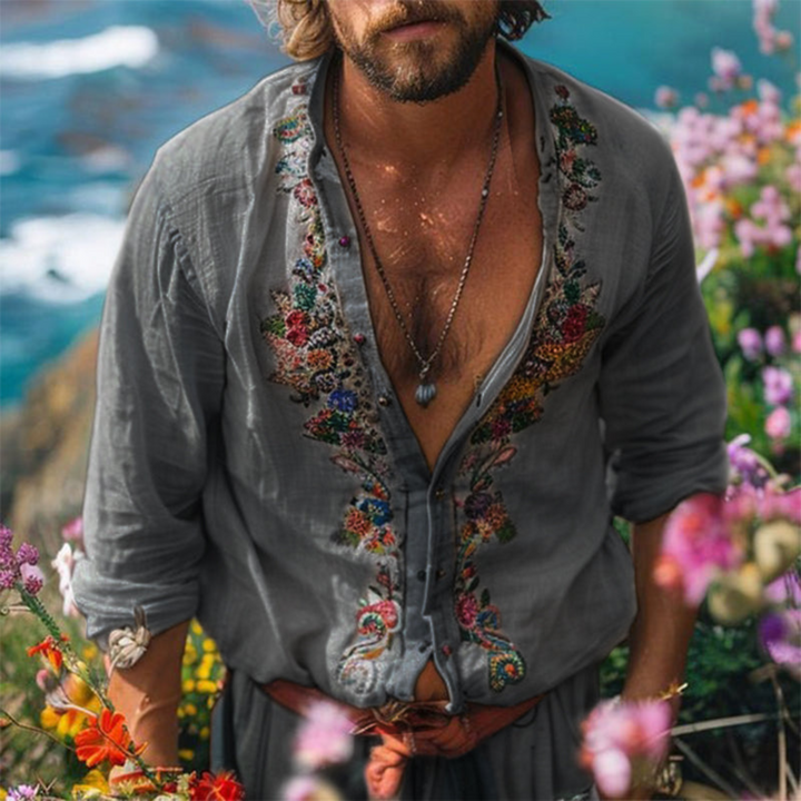 Hommes Chemise Vintage Décontractée | Brodée Manches Longues