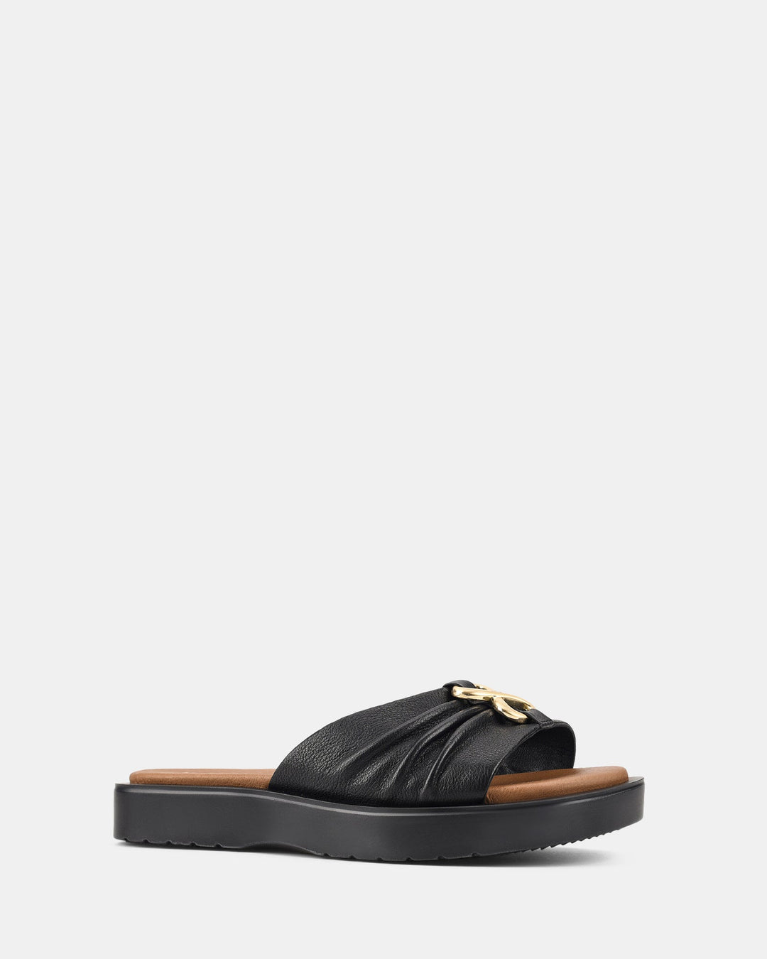 Sandales noires à semelle ondulée pour femmes, modèle Ivoiry. Design moderne avec un détail de boucle dorée et une coupe élégante, idéale pour un look à la fois chic et décontracté.