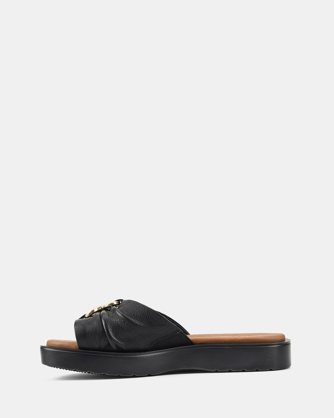 Sandales noires à semelle ondulée pour femmes, modèle Ivoiry. Vue latérale mettant en valeur la boucle dorée et le design moderne et élégant, parfait pour un look chic et décontracté.