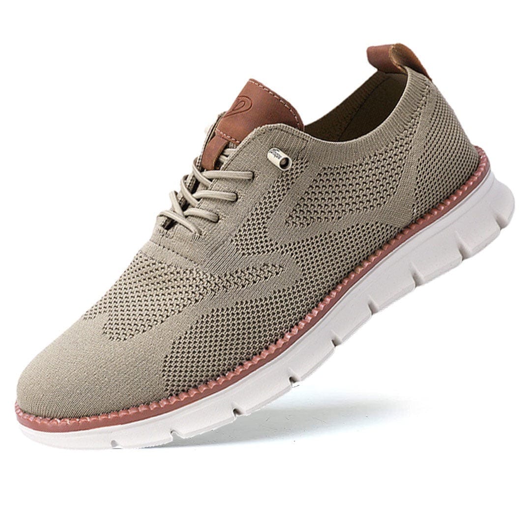 Jean, baskets tendance pour hommes beiges à lacets avec semelle blanche et détails marron, chaussures légères et respirantes au design moderne et élégant