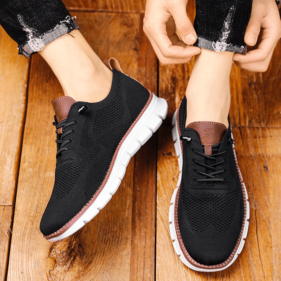 Jean, baskets tendance pour hommes noires à lacets avec semelle blanche et détails marron, chaussures légères et respirantes pour un style moderne et confortable