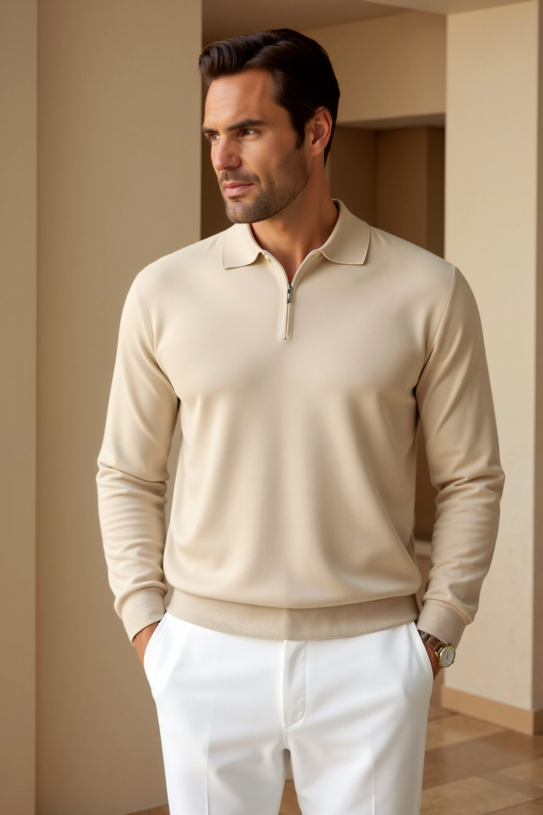 Polo homme zippé tendance beige à manches longues, coupe ajustée avec col élégant et fermeture éclair discrète, porté avec un pantalon clair pour un look moderne et raffiné.