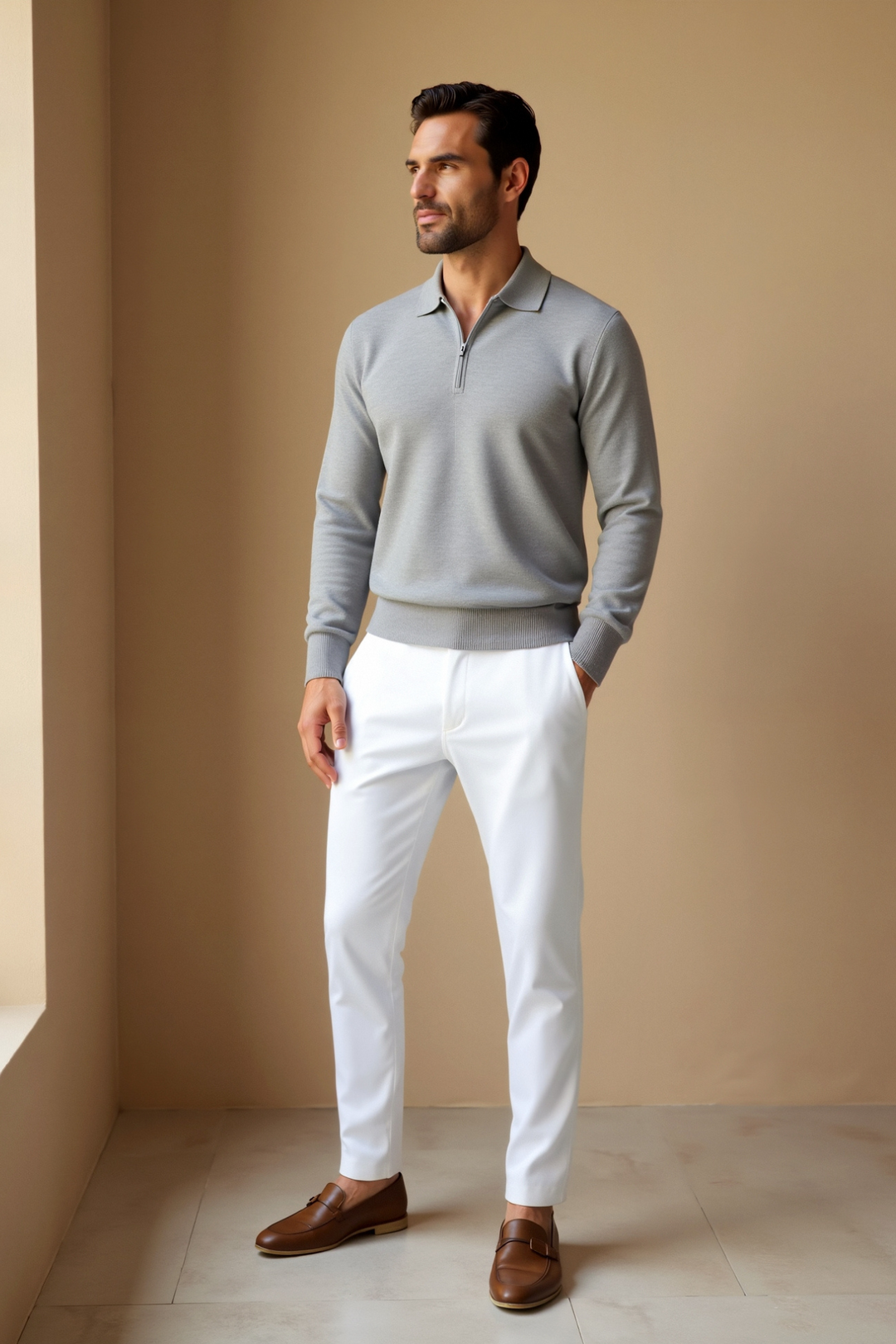 Polo homme zippé tendance gris clair à manches longues, coupe ajustée avec col élégant et fermeture éclair discrète, porté avec un pantalon blanc et des chaussures marron pour un style chic et moderne.