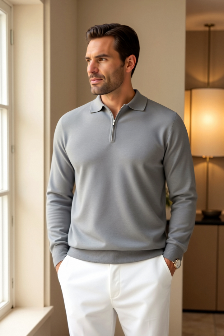 Polo homme zippé tendance gris clair à manches longues, coupe ajustée avec col classique et fermeture éclair discrète, associé à un pantalon clair pour un look élégant et moderne.