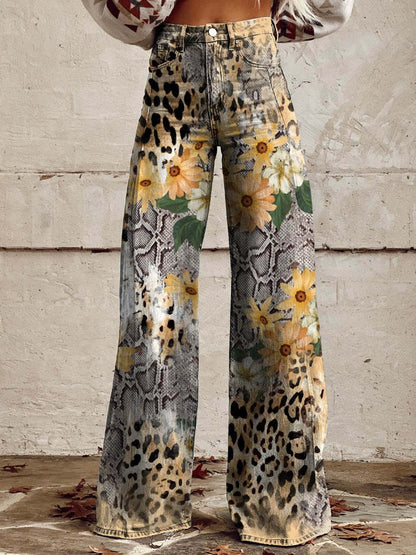 Pantalon taille haute pour femme avec imprimé animalier de léopard et fleurs, coupe ample et décontractée, parfait pour un look sportif et tendance.