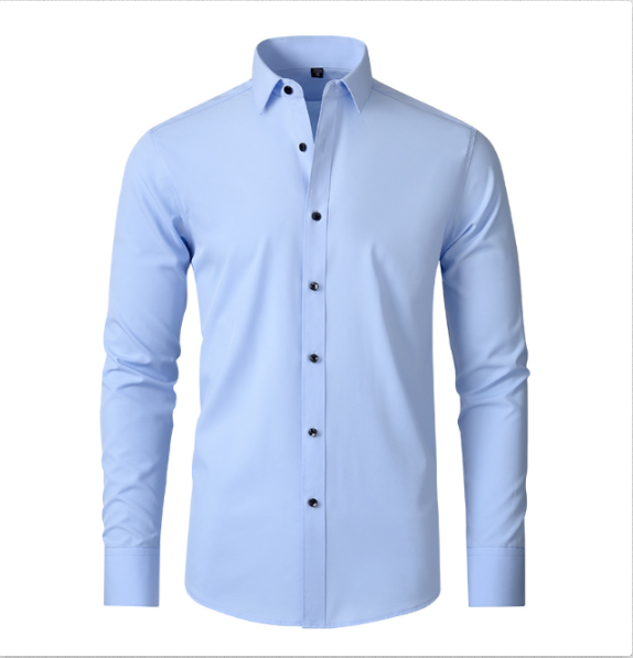 Chemise stretch à manches longues pour homme, modèle Julien, de couleur bleu clair, coupe ajustée avec boutons contrastés, idéale pour un style moderne, élégant et confortable au quotidien.