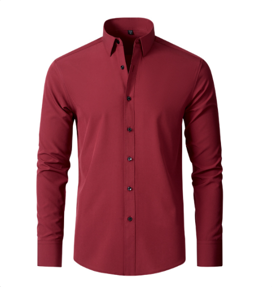 Chemise stretch à manches longues pour homme, modèle Julien, de couleur rouge bordeaux, coupe ajustée avec boutons contrastés, parfaite pour un style élégant, moderne et confortable.