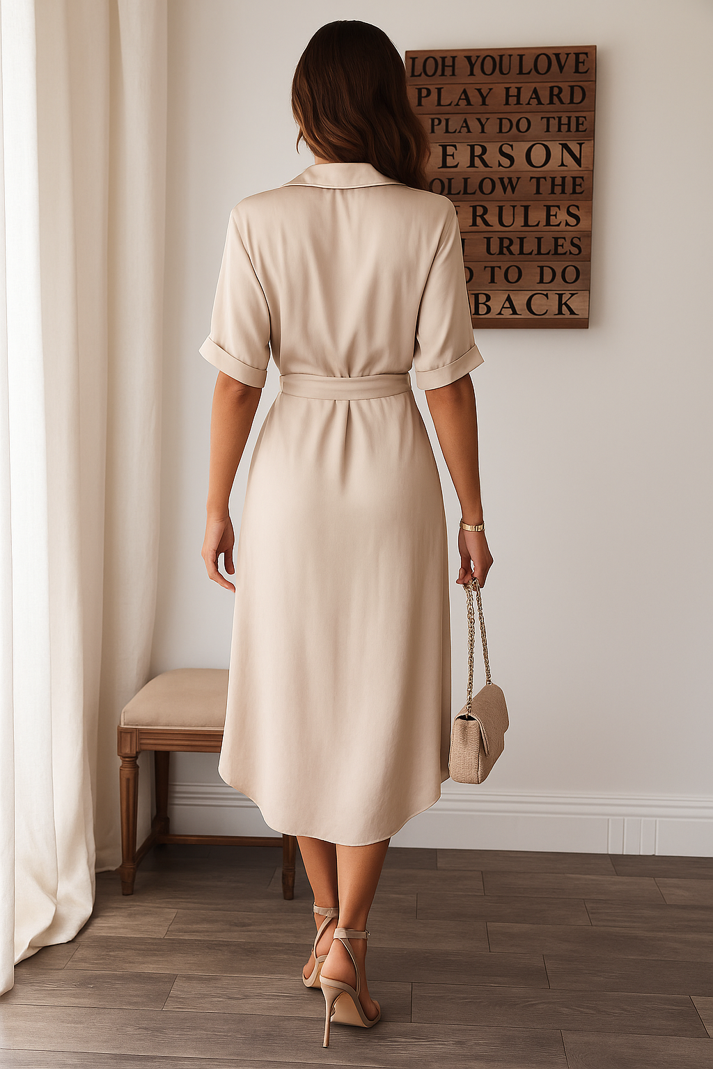Vue arrière d'une élégante robe midi beige avec une coupe fluide et un ceinturage à la taille. La robe est accompagnée d'une pochette et de talons hauts, créant un look chic et moderne, parfait pour des occasions formelles ou des sorties élégantes.