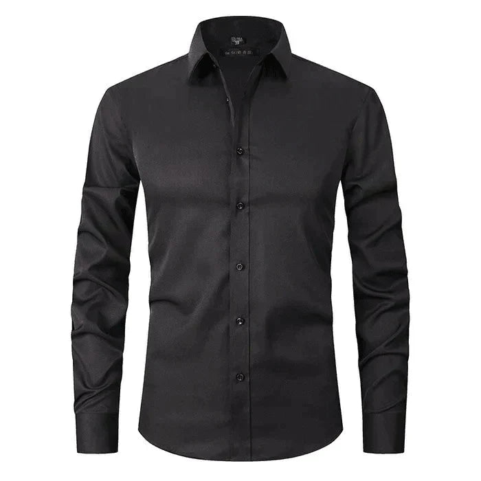 Chemise homme Léon à manches longues noire, coupe ajustée et style tendance, idéale pour une allure élégante, moderne et sophistiquée en toute occasion.
