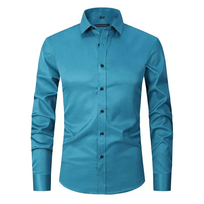 Chemise homme Léon à manches longues bleu turquoise, coupe ajustée et design tendance, idéale pour un style élégant, moderne et audacieux.
