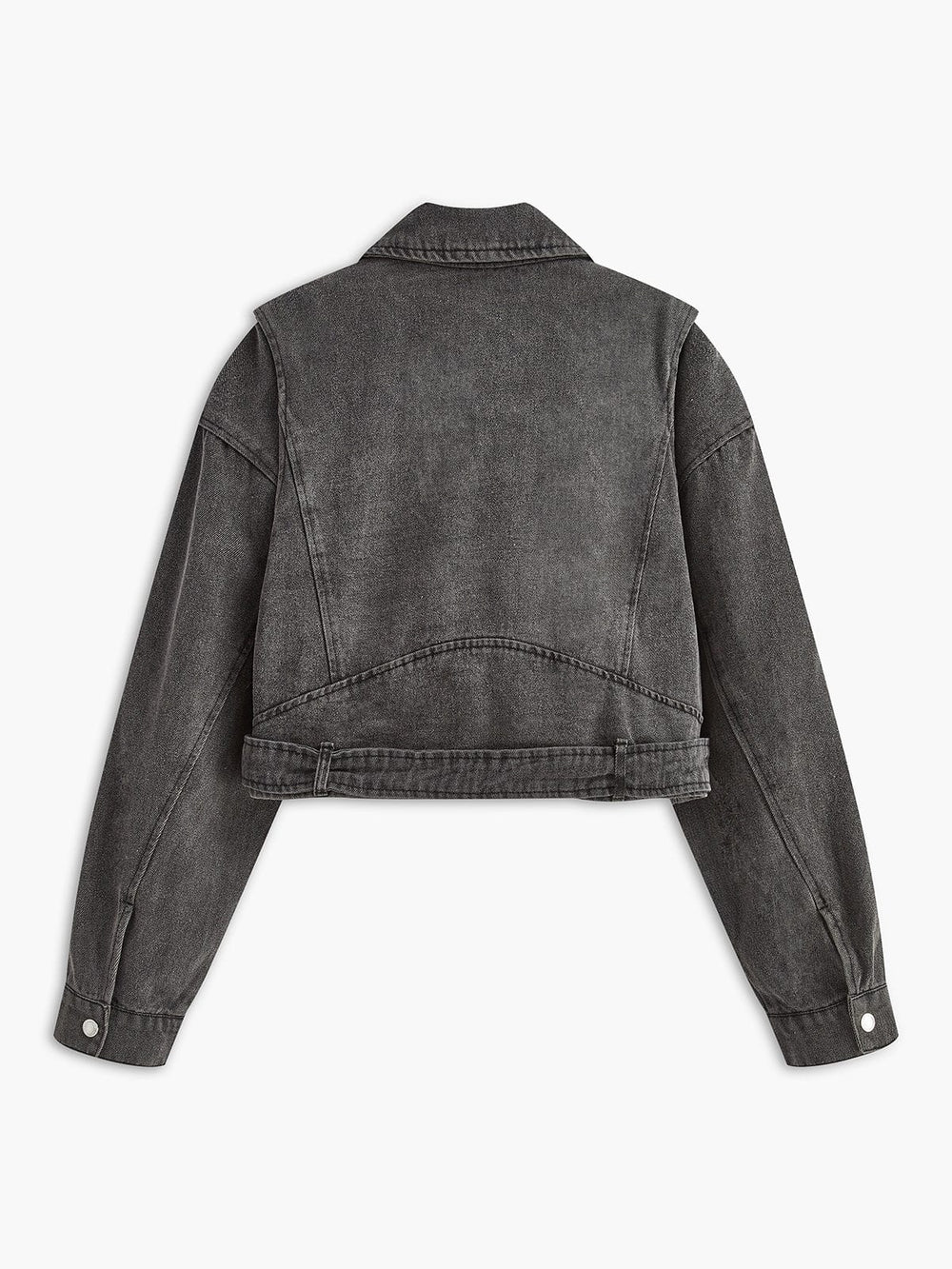 Vue arrière d’une veste courte en denim gris délavé, coupe structurée avec coutures apparentes et taille ajustée, offrant un style moderne et tendance.