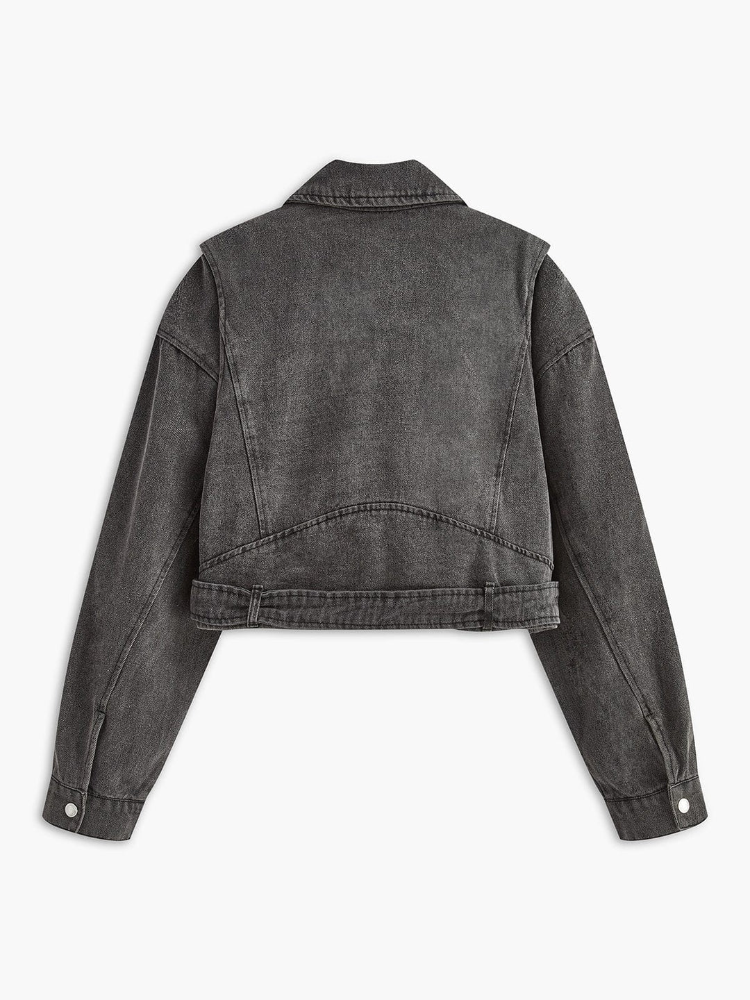 Vue arrière d’une veste courte en denim gris délavé, coupe structurée avec coutures apparentes et taille ajustée, offrant un style moderne et tendance.