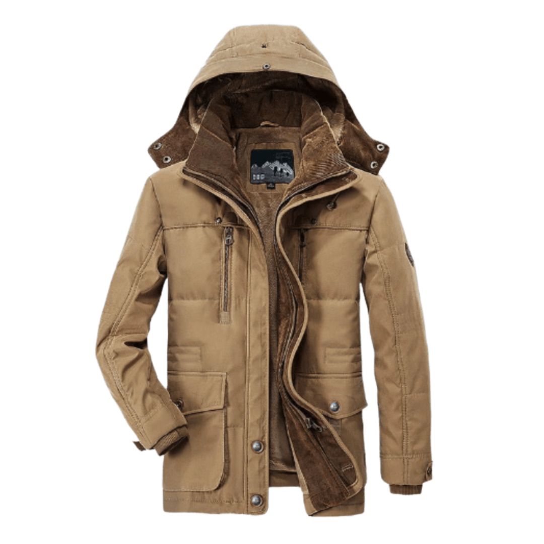  Une veste d'hiver durable de couleur beige avec une doublure polaire chaude pour homme. Dotée d'une capuche amovible, de multiples poches zippées et d'un intérieur confortable, cette veste offre à la fois protection et style pour les temps froids.