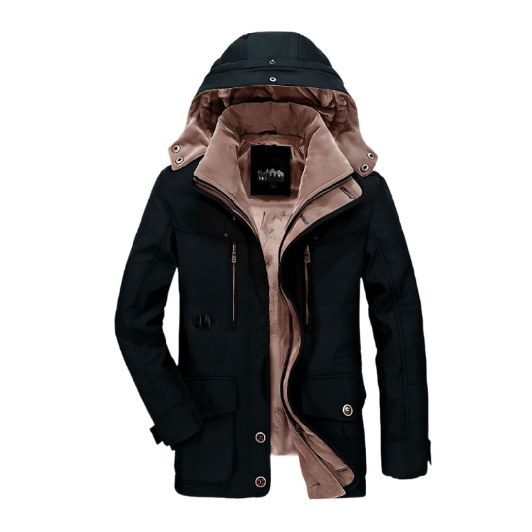 Une veste d'hiver élégante pour homme, avec une doublure intérieure en polaire douce, parfaite pour rester au chaud par temps froid. Elle est dotée d'une capuche ajustable, de multiples poches zippées et d'une coupe confortable, alliant style et fonctionnalité pour une protection hivernale optimale.