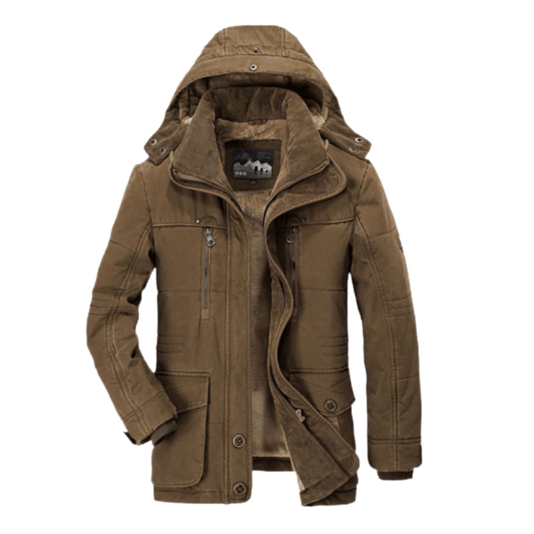 Eine stilvolle und funktionelle Winterjacke für Herren mit bequemem Fleecefutter und verstellbarer Kapuze, perfekt für kalte Temperaturen. Sie verfügt über mehrere Reißverschlusstaschen und ein raffiniertes zweifarbiges Design, das einen Café farbenen Außenstoff mit einem beigen Futter kombiniert.