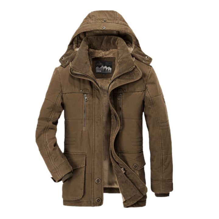 Eine stilvolle und funktionelle Winterjacke für Herren mit bequemem Fleecefutter und verstellbarer Kapuze, perfekt für kalte Temperaturen. Sie verfügt über mehrere Reißverschlusstaschen und ein raffiniertes zweifarbiges Design, das einen Café farbenen Außenstoff mit einem beigen Futter kombiniert.
