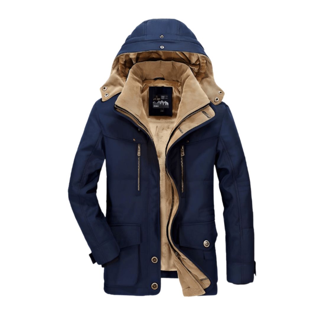Eine elegante und funktionelle Winterjacke für Herren mit bequemem Fleecefutter und verstellbarer Kapuze, perfekt für kalte Temperaturen. Sie verfügt über mehrere Reißverschlusstaschen und ein raffiniertes zweifarbiges Design, das ein dunkelblaues Außenmaterial mit einem beigen Innenfutter kombiniert.
