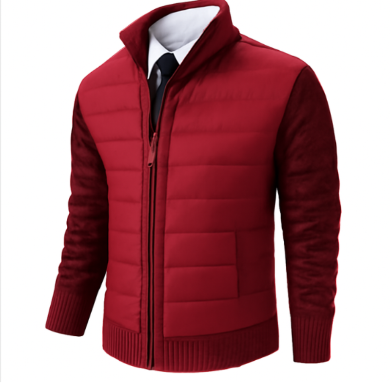 Veste moderne pour homme, avec un gilet matelassé rouge sur le devant et un tricot rouge texturé sur les manches et les côtés. Elle présente une fermeture éclair centrale, un col élégant et une coupe ajustée, parfaite pour une tenue élégante et décontractée.
