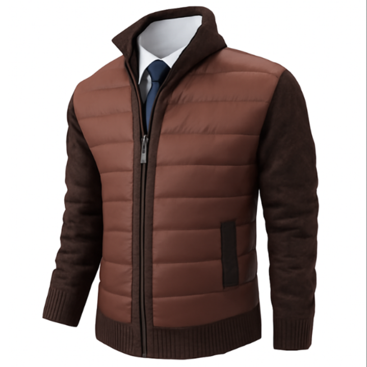 Veste moderne pour homme, avec un gilet matelassé marron sur le devant et un tricot marron foncé sur les manches et les côtés. Elle dispose d'une fermeture éclair centrale, d'un col élégant et d'une coupe ajustée, idéale pour un look à la fois sophistiqué et décontracté.