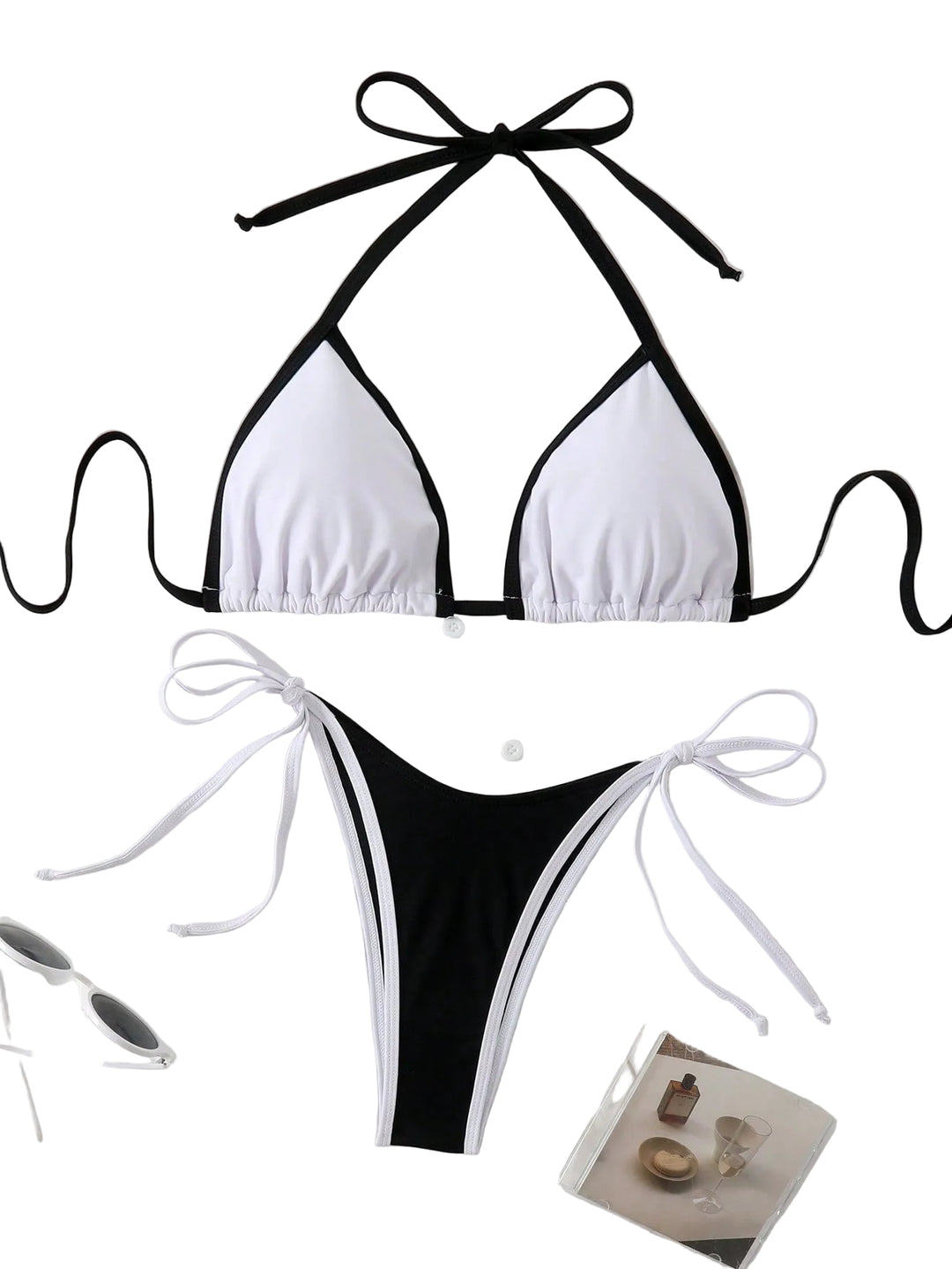 Ensemble bikini triangle sexy pour femme avec un design bi-colore noir et blanc, orné de liens à nouer, parfait pour un look audacieux et tendance à la plage.